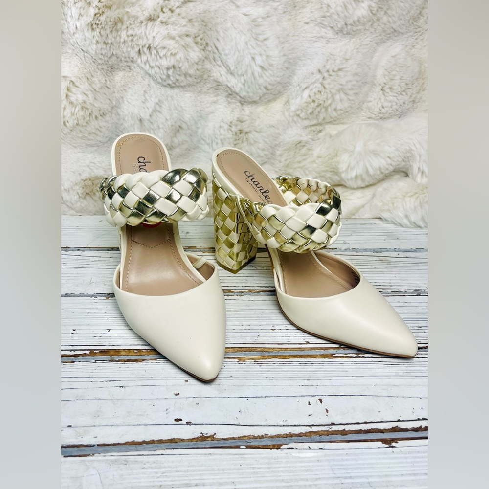 Charles By Charles David Ivory Gold Micky Braided Block Heel Mules Dress Shoe 6